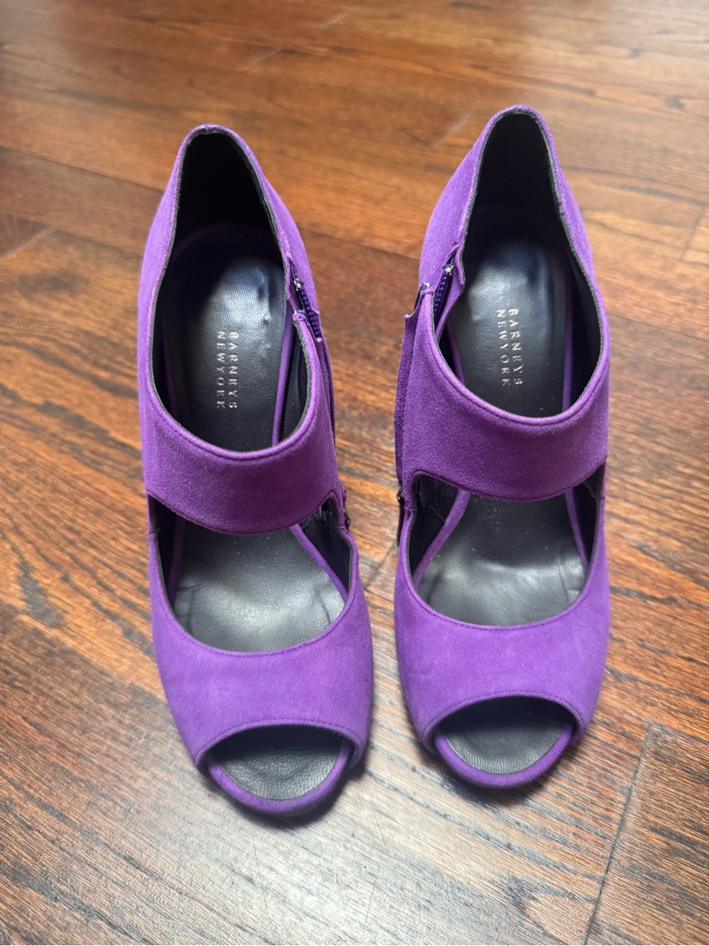 Barneys New York Vero Cuoio Purple Suede Peep-Toe Ankle-Strap Heels